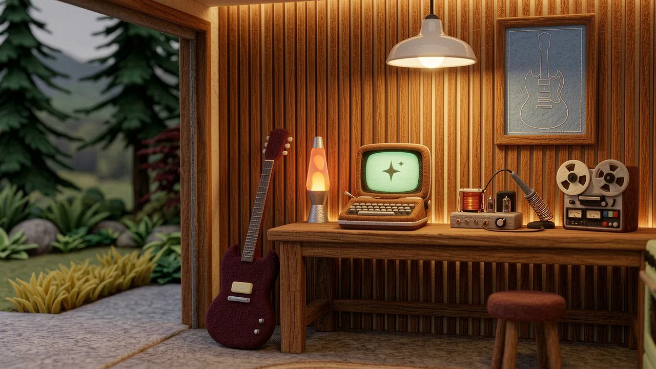 A felt workshop corner: a maroon guitar leans beside a wooden bench holding a lava lamp, a retro computer, a soldering station and a reel-to-reel tape deck.