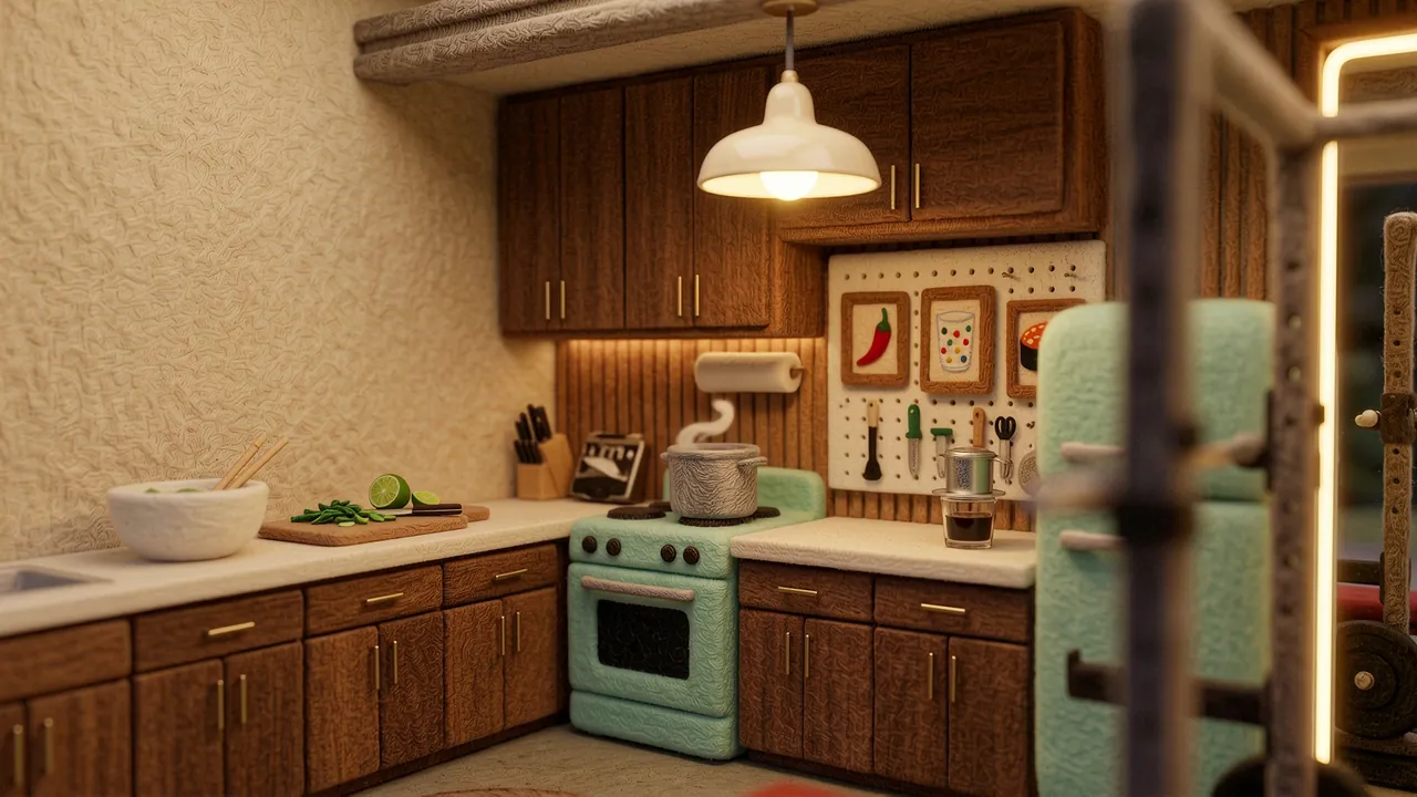 A felt kitchen: a mint-green stove with a steaming pot, a cutting board of limes and herbs, and a pegboard of utensils under warm pendant light.